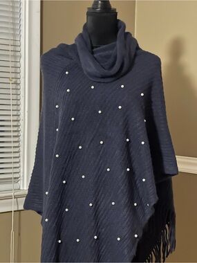 kathy ireland Navy Pearl-Embellished Cowl Neck Poncho Sweater